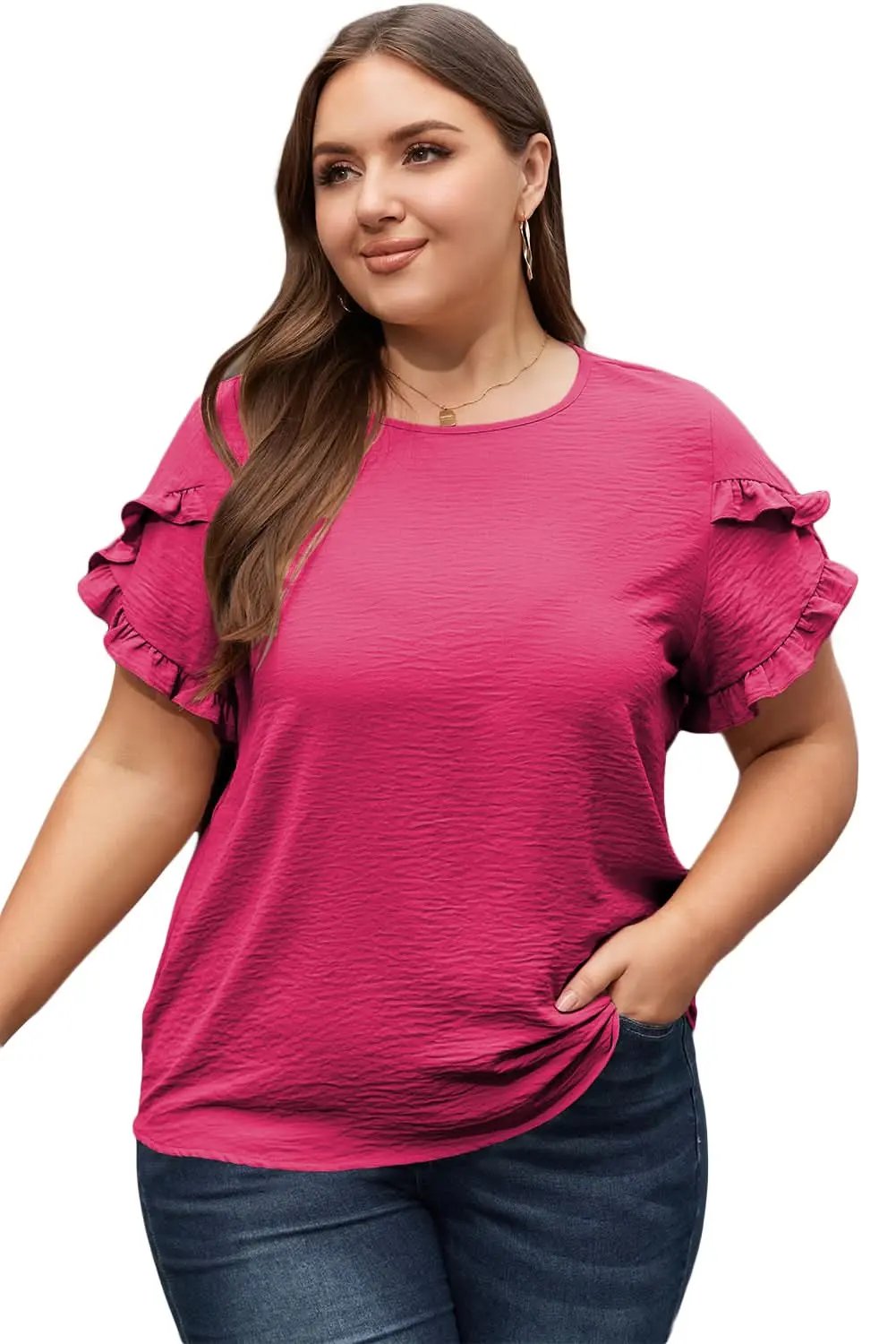 Bright Pink Ruffled Short Sleeve Plus Size Top - Love Salve
